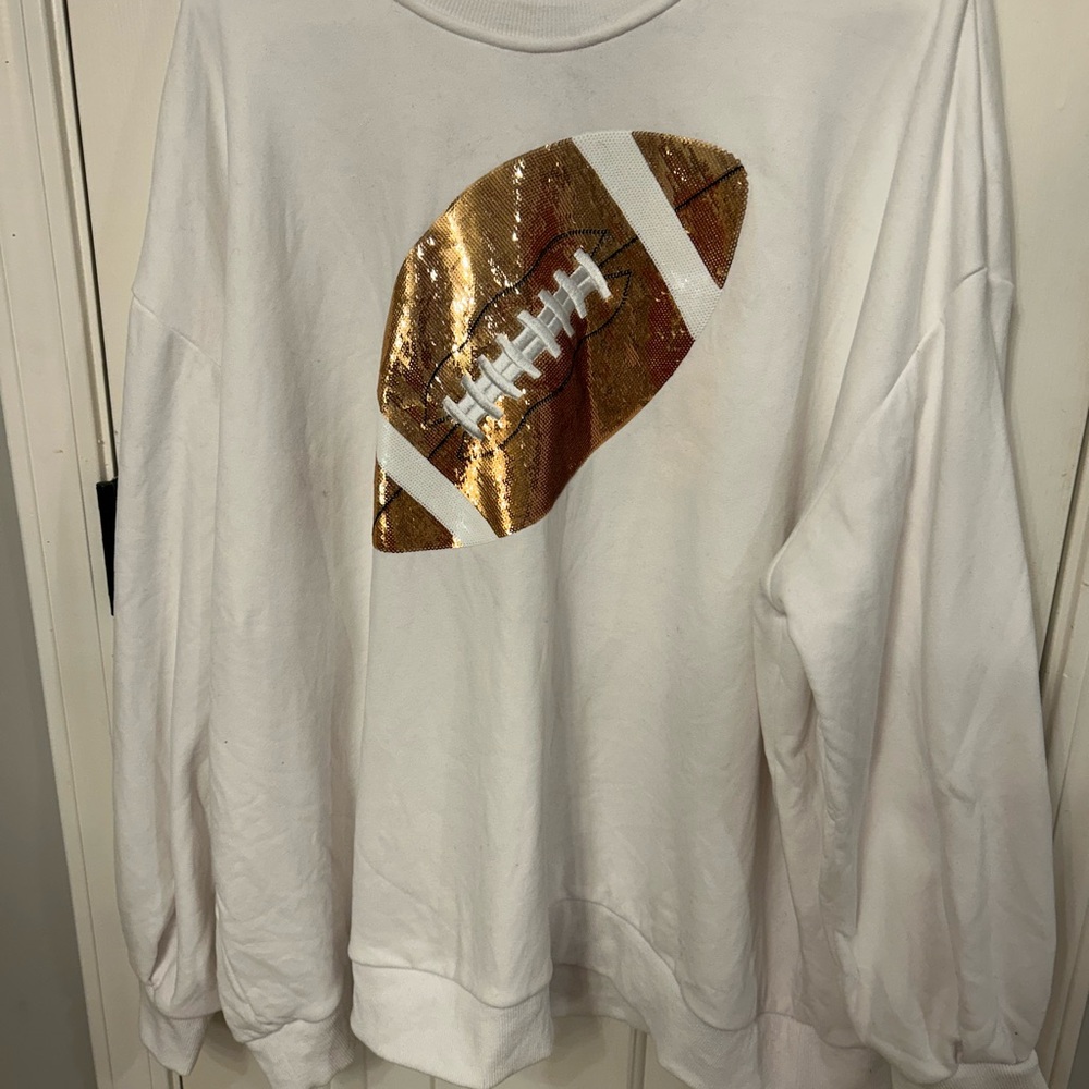 QUEEN OF SPARKLES White Sweater with Gold Sequin Football
